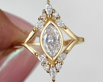 Marquise Diamond Bezel Set Unique Engagement Ring, Vintage Engagement Ring, Marquise Diamond Ring Art Deco , Cluster Diamond Ring, Audrey