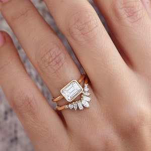 East West Bezel Emerald Cut Natural Diamond Engagement Ring With Art-Deco Nesting Wedding Band, Bridal Two Rings Set - Jade & Ally V