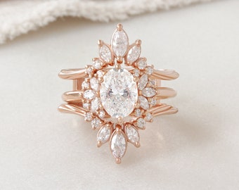 1ct GIA Diamant Verlobungsring mit Marquise Diamanten Ring Beschützer, Rotgold, Vintage Brautring ""Rosalia"" & ""Danielle"""