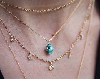 Diamond, Gold & Turquoise Skull Spiritual Charm,  Tibetan Skull Prayer Beads Pendant Necklace, Mini Bone Hyolite ,With Diamond Eyes