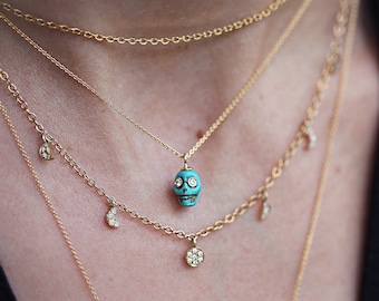 Diamond, Gold & Turquoise Skull Spiritual Charm,  Tibetan Skull Prayer Beads Pendant Necklace, Mini Bone Hyolite ,With Diamond Eyes