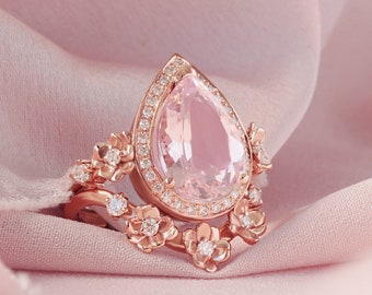 Art Deco Floral Vintage Rings Set 3 Carat Morganite & Natural Diamonds Bride Rings, Handmade Jewelry Gift for Mom