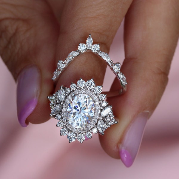 Oval Moissanite, 2.0ct, Engagement Ring & V Diamond Nesting Band Wedding Two Rings Set, Art Deco Wedding Two Rings Set -  Monaco