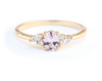 Oval Pale Pink Sapphire & Diamonds Engagement Ring, Art Deco, Pink Gemstone And Diamonds Tiny Delicate Ring, Unique Anniversary Ring, Ella