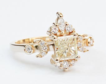 Square Princess Cut Diamond Unique Engagement Ring, Celestial Doorway to Heaven Hindi Moon, Yellow diamond 0.8 carat, Silly Shiny Diamonds