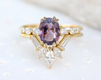 Unique Spinel & Diamonds Engagement Ring Set, August Birthstone Wedding Set, 14K/18K gold, Alternative Bride,Bridal Set, Candy Pop + Artemis