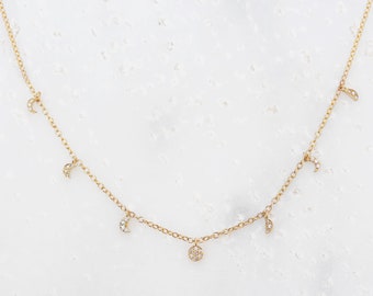 Tiny diamond moon phase choker necklace,Dangling diamond Necklace, Delicate Necklace, Anniversary Gift, Solid Gold Necklace