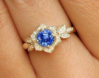 Genuine Blue Sapphire and Diamonds Flower Special Engagement Ring, Blue Gemstone Unique Engagement Ring, Floral Promise Ring, 14K/18K Gold