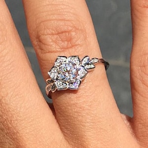 Flower 5mm Moissanite & Diamond Unique Engagement Ring, 14K / 18K Solid Gold Ring, Lily Flower