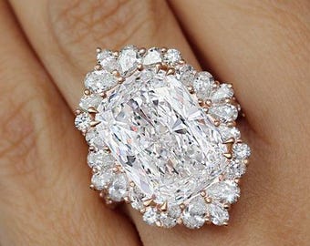 12ct Cushion Lab Diamond Engagement Ring: 14K Gold Victorian Avant Garde Statement Jewelry