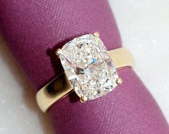 5CT Lab Diamond Cushion Cut Engagement Ring: 14k Gold 4 Prongs Wide Band Arya