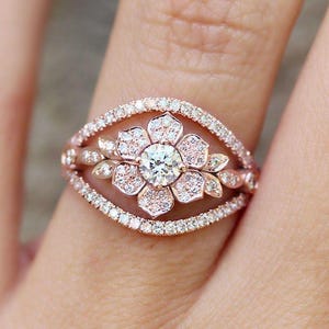 Nature Inspired, Birth Flower Diamond Engagement Ring, 14K Rose Gold Anniversary Ring, 1.0ct natural diamond, Gift for Wife Lily Garden