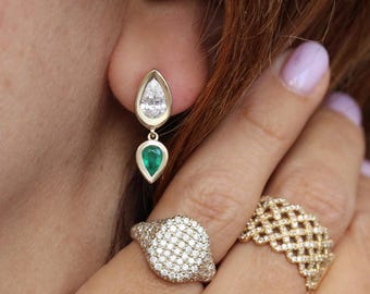 14k Solid Gold Pear Lab Diamond & Emerald Bezel Set: Short Drop Earrings