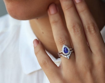 Tanzanite & Diamonds Engagement Rings Set, Pear Tanzanite Wedding Rings Set, Unique Engagement Rings Set, Bridal Rings Set, The 3rd Eye set