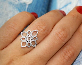 Statement Diamond Ring, Lotus Diamond Ring, Unique Engagement Ring, Pave Flower Diamond Ring, Cluster Ring, Unique Wide Vintage Diamond Ring