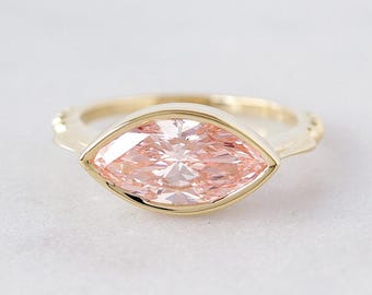 East West Bezel 2CT Pink Lab Diamond  Marquise Cut 14k Gold Solitaire Engagement Ring. 10 Years Anniversary Ring