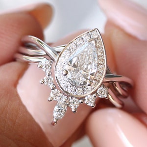 Victorian Pear Diamond Halo Engagement Ring Set, Twist Band, Romi Matching Diamond Wedding Ring, diamond bridal rings set, Edwardian ring