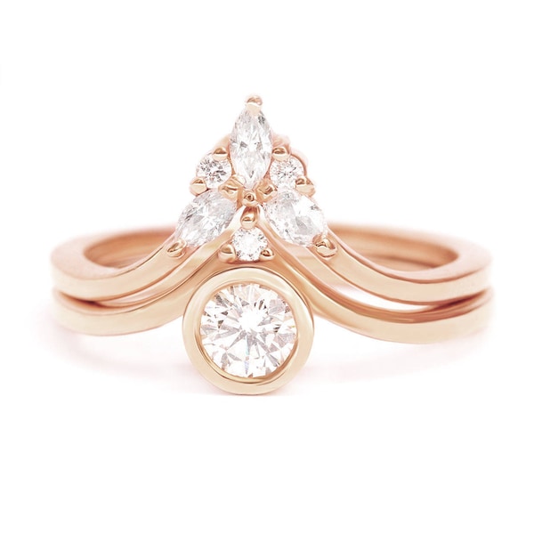Round Diamond Engagement Ring & Marquise Side Band Set, Natural Diamond Rings Bridal Set, Bindi Ring + Cupid Wings Matching Band Gold Rings