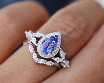Pear Tanzanite Engagement Ring, Marquise Diamond Shank, Two Bridal Set Muse