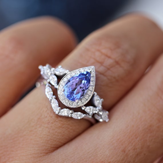 Pear Tanzanite Diamonds Halo Unique Engagement Ring Set Marquise Diamonds Shank Bridal Two Ring Set Blue Gemstone Ring Set Muse