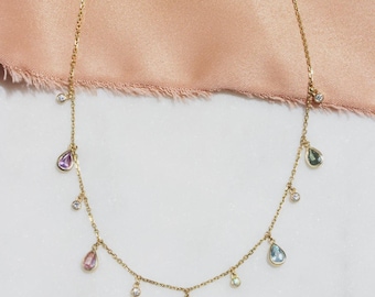 14K Gold Rainbow Teardrop Necklace: Multicolor Pear Gemstone Diamonds Jewelry