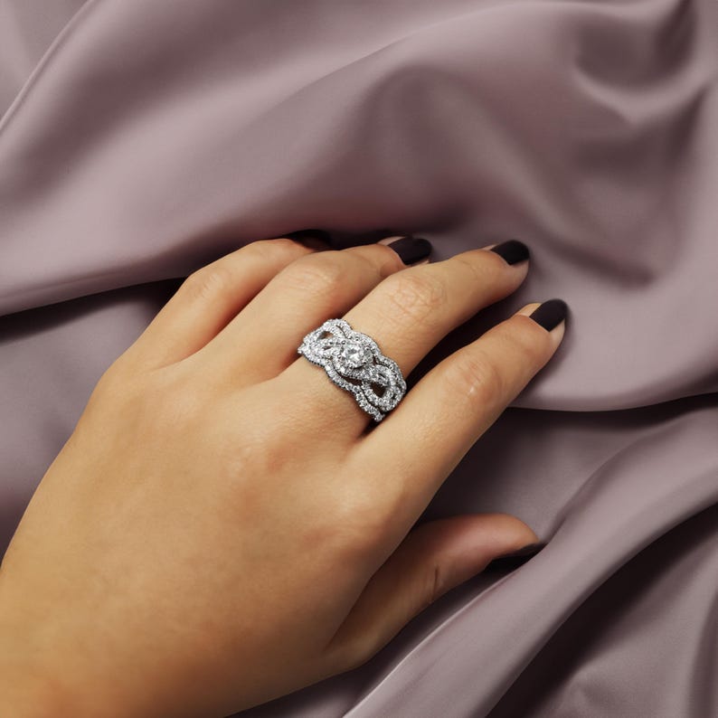 1.45 CT Art Deco Round Diamond Engagement Ring With Two Wedding Bands, Infinity Engagement Ring, Vintage Rings, Pave Diamond Ring