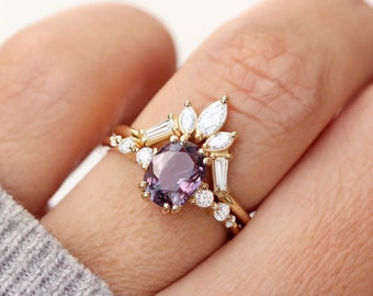 Unique Oval Spinel & Diamonds Perfect Modern Bridal Handmade Ring Set, Purple Gemstone and Diamonds Bridal Two Ring Set, Candy Pop + Artemis