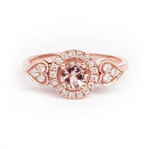 Morganite & Diamonds Halo, Hearts Shank Unique Cluster Engagement Ring, Morganite Diamond Halo Unique Wedding Ring, &#39;Sugar&#39;