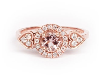 Morganite & Diamonds Halo, Hearts Shank Unique Cluster Engagement Ring, Morganite Diamond Halo Unique Wedding Ring, 'Sugar'