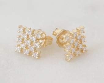 Square Chess Diamond Stud Earrings: Checkered 14k Gold Cluster Jewelry