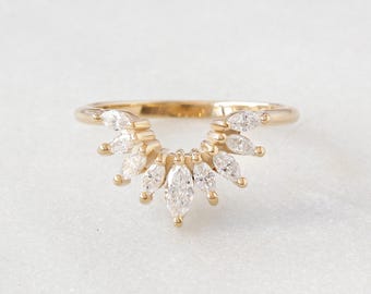 Marquise Diamond Curved Unique Modern Wedding Nesting Ring, Gold Curve Statement Wedding Ring, 14K Solid Gold, Art Deco, Sunburst