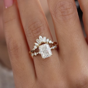 Radiant Diamond / Lab Diamond Dots Band Solitaire 14K Gold Classic Engagement Ring, Nesting Diamond Sideband, Two Ring Set - Margo & Ally V