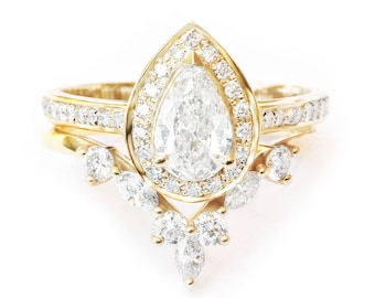 Pear Diamond Wedding Two Ring Set, Diamond Halo Unique Engagement Ring Set, Marquise Crown Diamond Ring matching V side  Band Bridal Set NIA