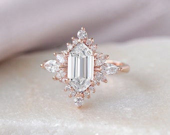 Long Hexagon Lab Diamond and Diamond Halo Alternative Unique Celestial Star Engagement Ring, Victorian, Vintage,  Wedding Ring, Nora
