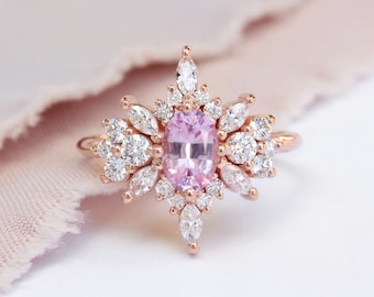 Oval Pink Sapphire & Diamonds Engagement Ring, Art Deco, Blushed Pink Gemstone And Diamond Engagement Ring, Unique Engagement Ring, Phoenix