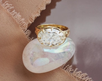 East West Oval Engagement Ring: 14k Gold 4CT Lab Diamond Wide Band Olivia