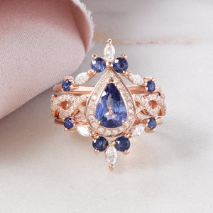 Luxurious Blue Sapphire Pear Victorian Engagement Rings Set, Bridal Teardrop Wedding Rings for Women, Twist Shank Band Handmade Jewelry