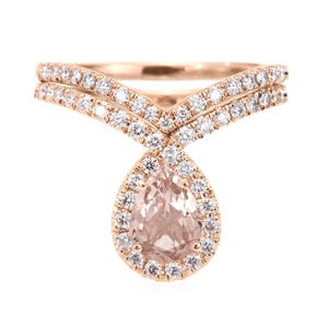 Morganite Engagement Wedding Ring Set, Unique Engagement Ring Pear Morganite & Diamonds Halo, Pear Shape Wedding Ring Set Gemstone Bliss image 1