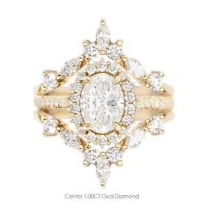 1CT Oval Diamond Halo Unique Engagement & Vintage Wedding Three Ring Set, Art Deco White Gold Rings For Women, Nia and Two matching V Bands