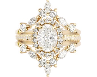 1CT Oval Diamond Halo Unique Engagement & Vintage Wedding Three Ring Set, Art Deco White Gold Rings For Women, Nia and Two matching V Bands
