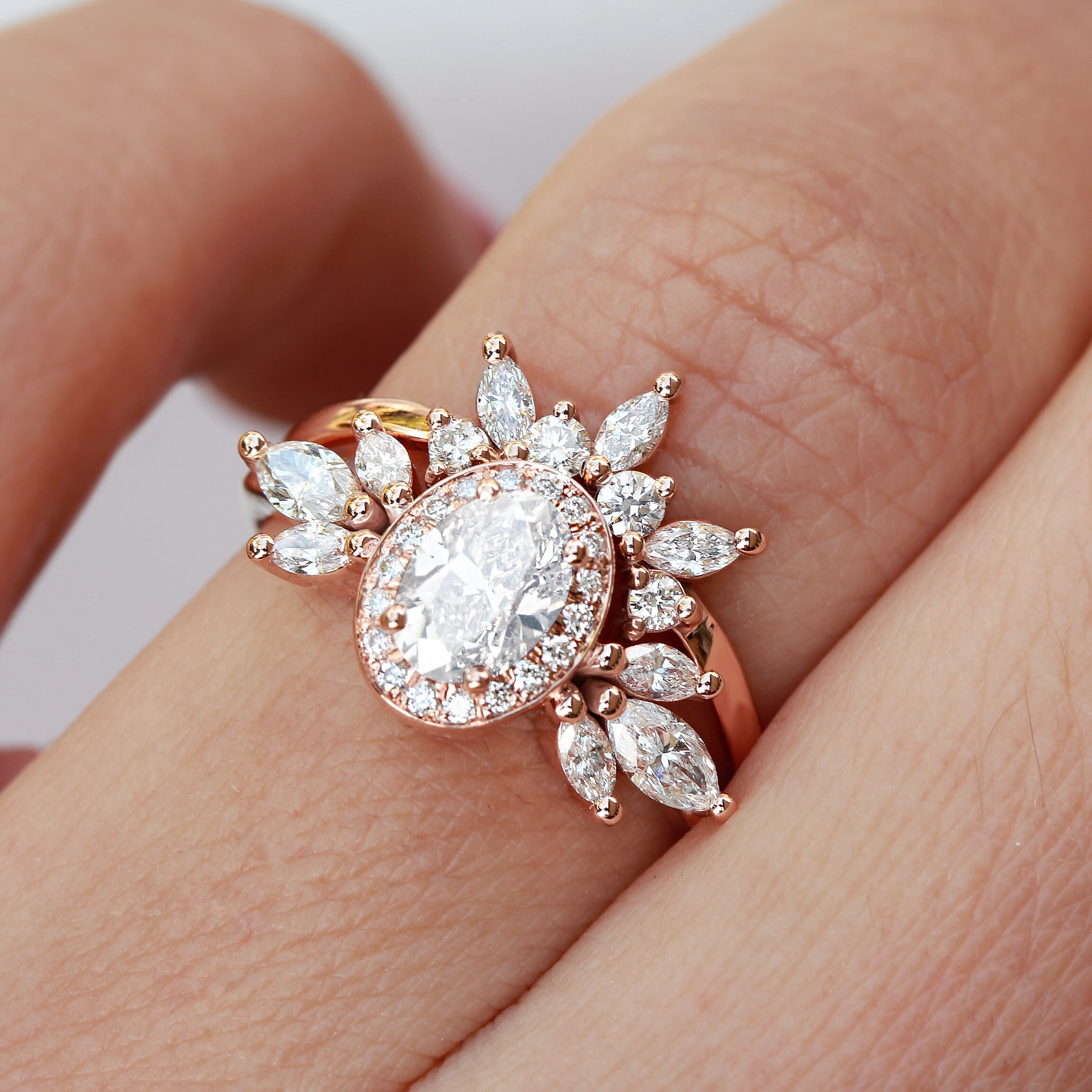 Oval Moissanite Unique Engagement Rings Set Athena Her Crown Moissanite Bridal Rings Set Moissanite Wedding Rings Set Gift for Her