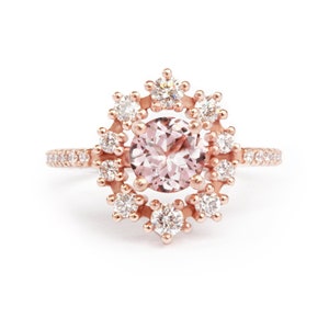 Morganite & Diamond Halo Unique Star Modern Celestial Romantic Engagement Ring, Pink Morganite 14K Rose Gold, Morganite Wedding Ring, Glory