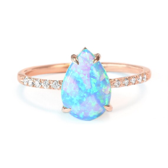 Pear Shaped Opal Diamond Engagement Ring 14K Rose Gold Size | Etsy