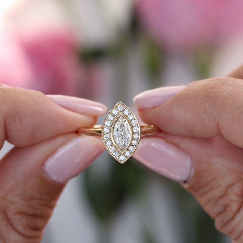Marquise Natural Diamond / Lab Diamond Halo Ring, Bezel Setting Ring, 14K Gold Unique Engagement Ring, Minimal Diamond Halo Ring - Ola