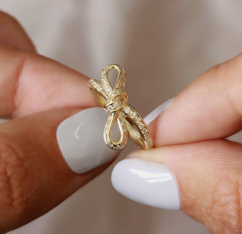 Unique Diamond Wedding Ring, Bow Diamond Ring, Tie The Knot Wedding Diamond Band, Unique right hand diamond ring, Love Knot Diamond Ring image 1