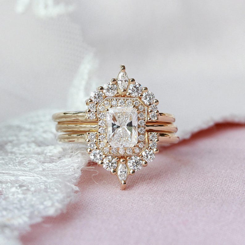 Lab & Natural Radiant Diamond Three Ring Set, Vintage Halo Engagement ...