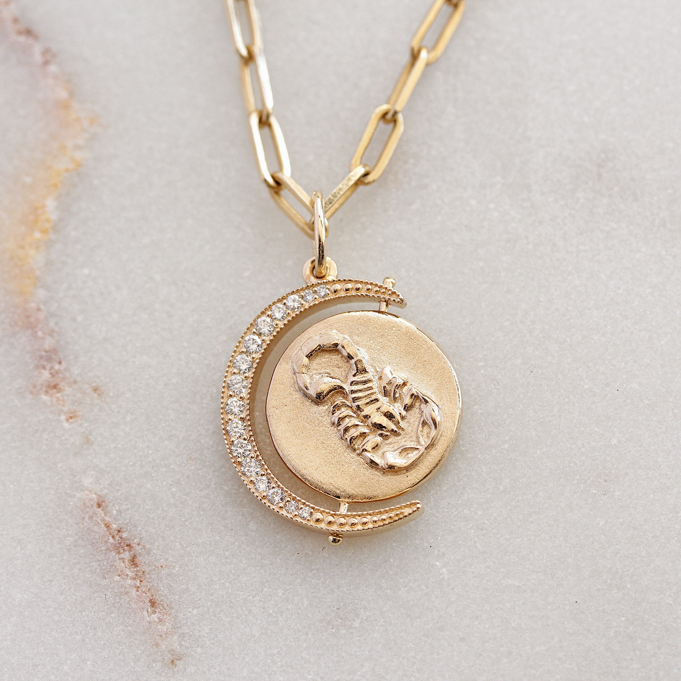Astrology Spinning Pendant, Zodiac Signs Pendant, Diamond Crescent Moon Coin Unique Necklace, Mystical Necklace, Celestial Women Jewelry
