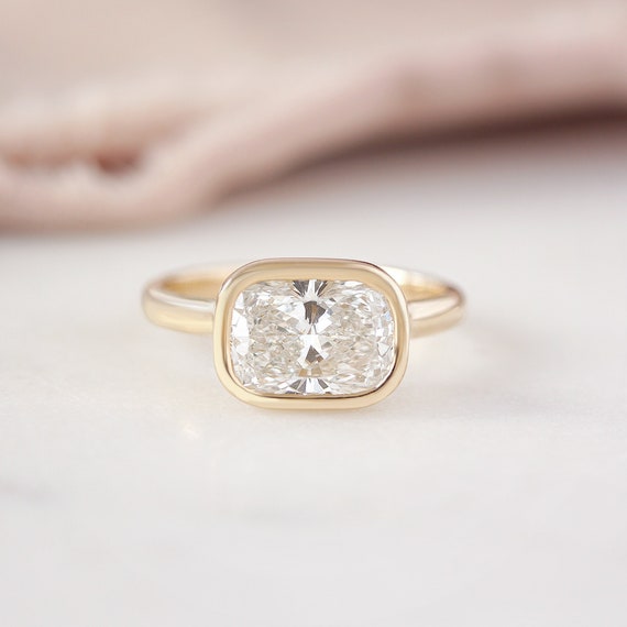 East West Set Bezel Set Cushion Cut 2 carat Diamond Solitaire, Diamond, Lab Diamond, Luxurious Minimalist Modern Chuny Engagement Ring