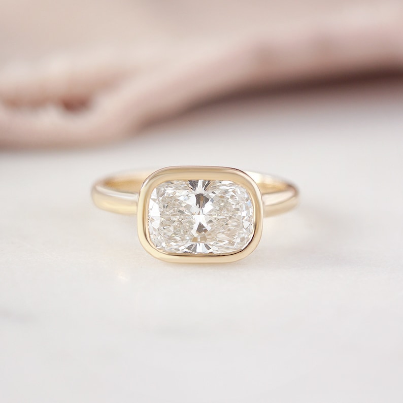 East West Set Bezel Set Cushion Cut 2 carat Diamond Solitaire, Diamond, Lab Diamond, Luxurious Minimalist Modern Chuny Engagement Ring