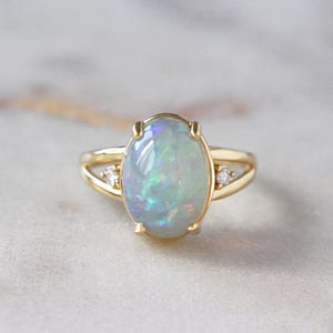 Natural Cabochon Opal Diamond Ring, Oval Gemstone Cocktail Ring, 14K Solid Gold Index Finger Ring, October Birthstone Statement Jewelry